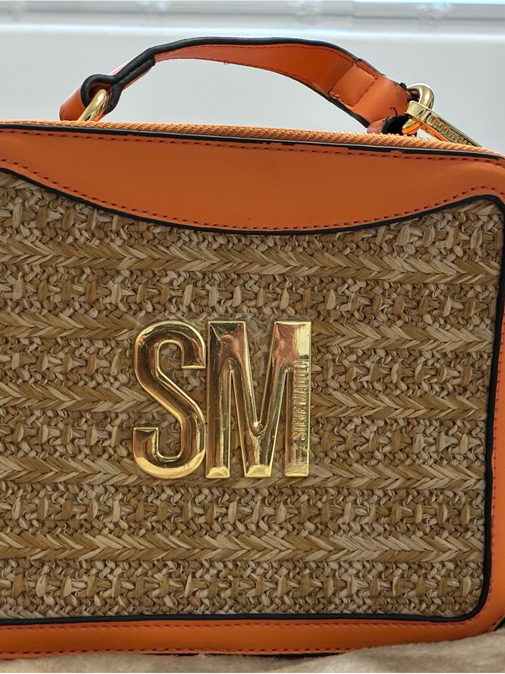 Steve Madden Orange and Natural Straw Crossbody with Gold SM Logo